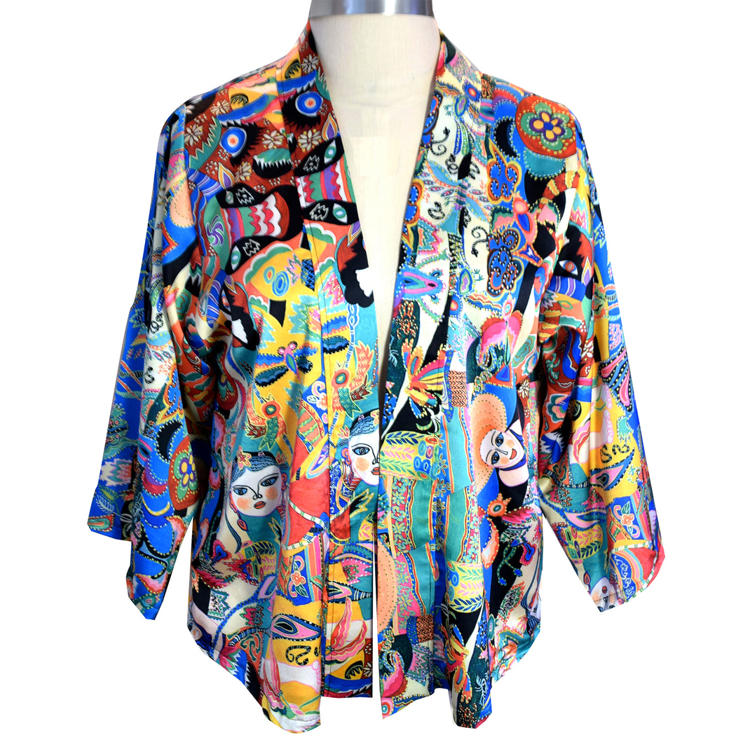 Luxurious Multicolor Print Charmeuse Kimono Jacket