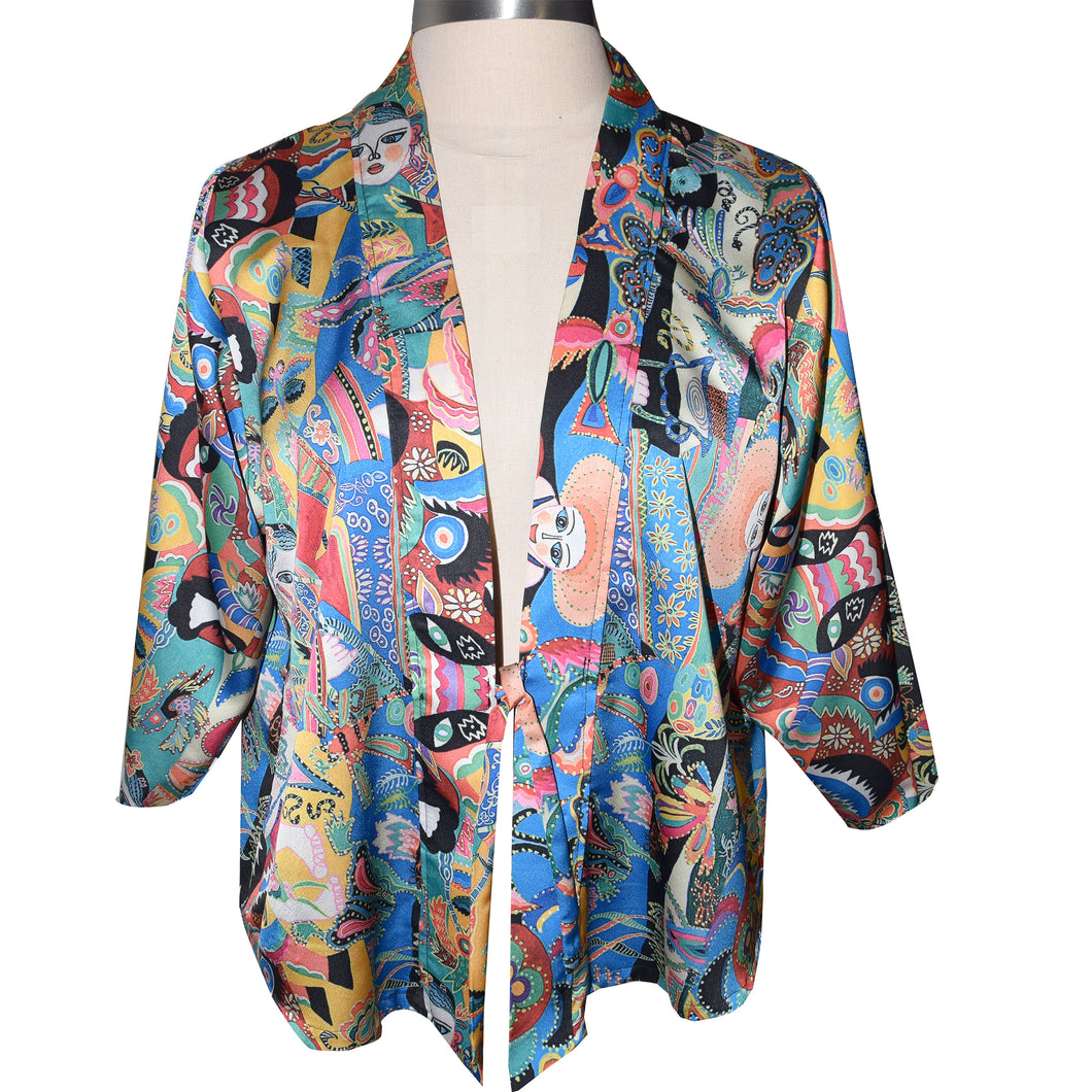 Beautiful Multicolor Print Satin Charmeuse Kimono Jacket with Tie Closure