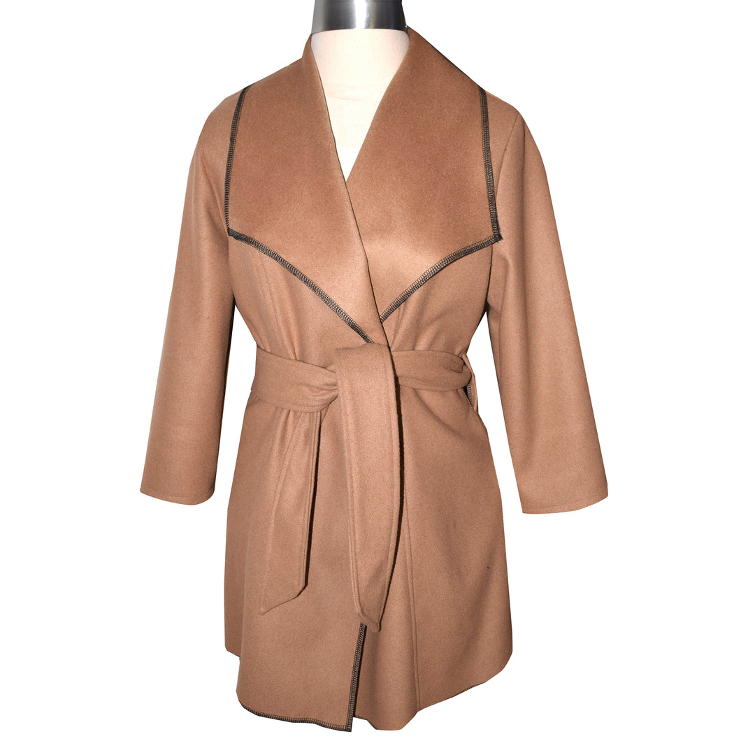 Luxurious Tan Cashmere Wool Blend Wrap Coat with Tie Belt