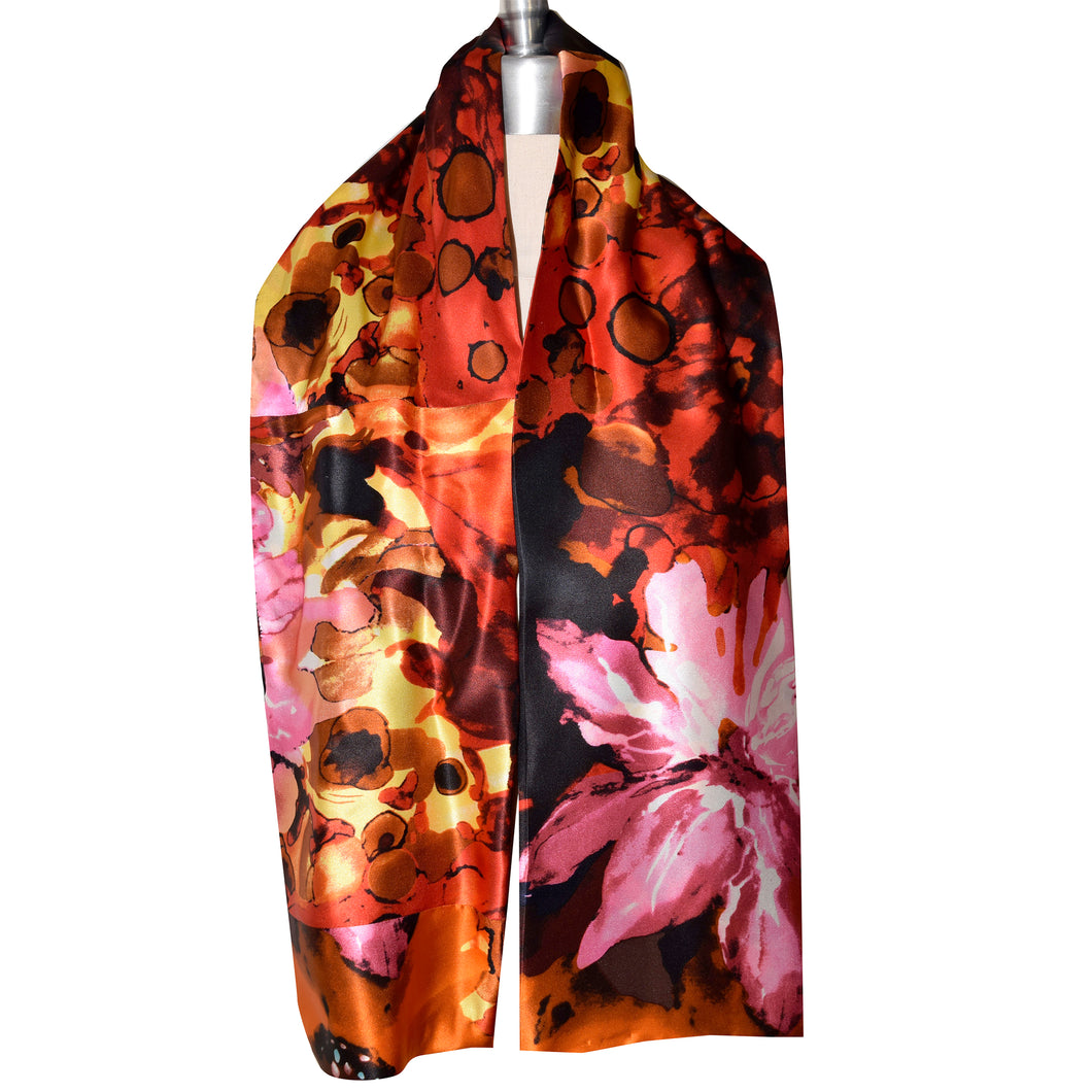 Beautiful Pink, Red, Yellow Floral Print Silk Charmeuse Scarf