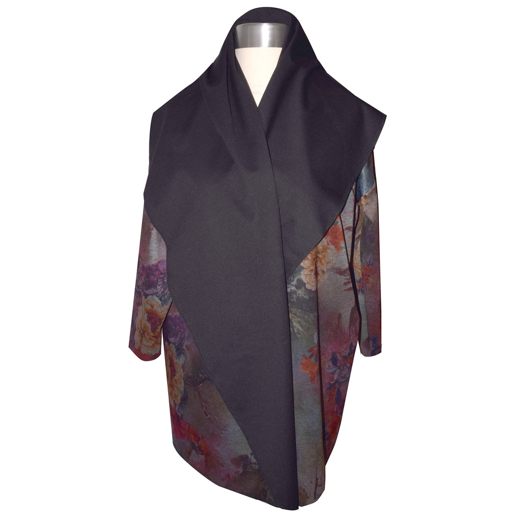 Handsome Floral Print on Black Knit Wrap Jacket with Contrast Roll Collar