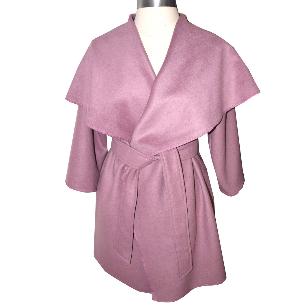 Luxurious Rose Pink Soft Cashmere Wool Blend Wrap Coat with Tie Belt
