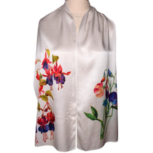 Load image into Gallery viewer, Exquisite Handpainted Fuschia and Sweet Pea Floral Silk Scarf/Wrap
