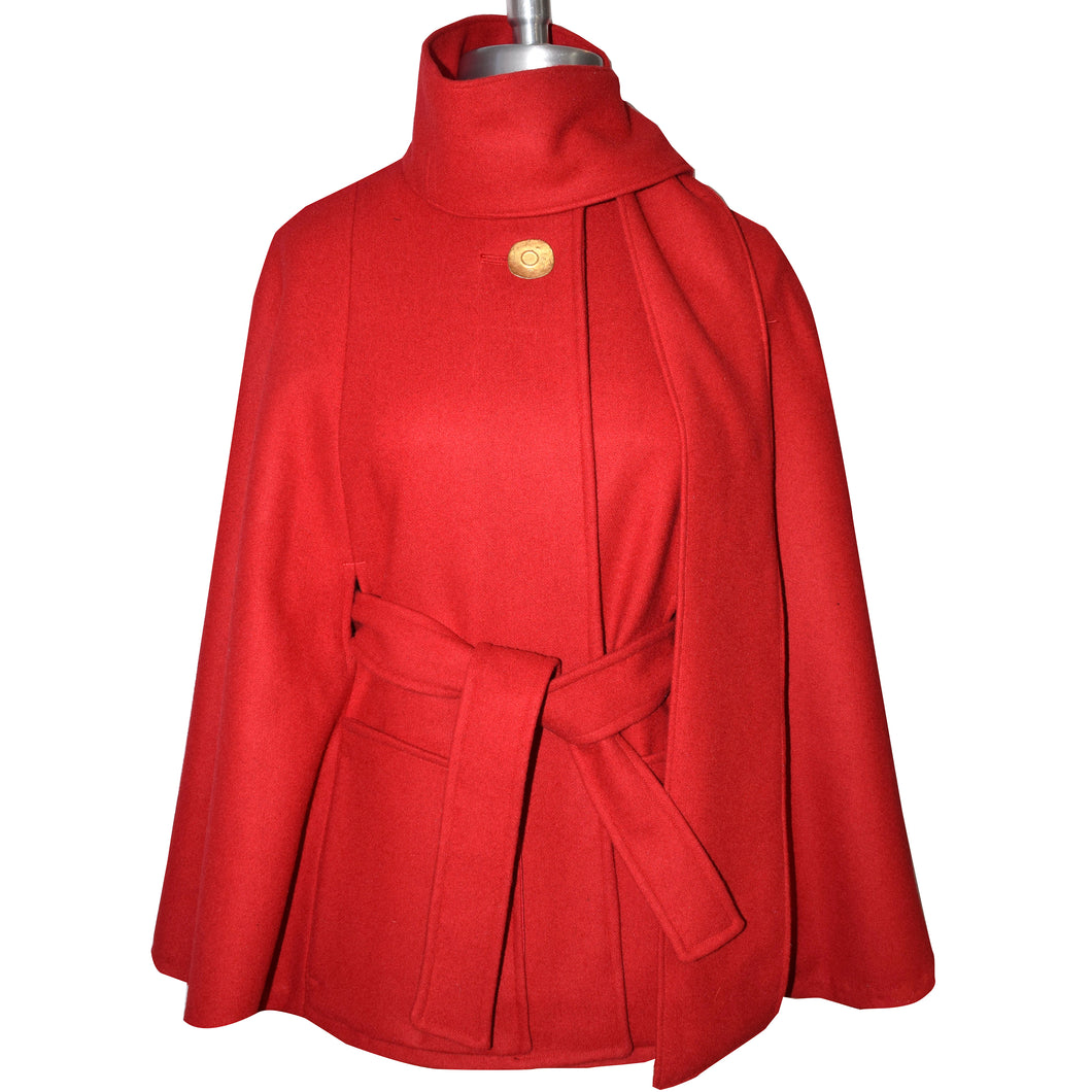 Cherry Red Soft Wool Blend Cape with Detachable Scarf