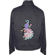 Load image into Gallery viewer, Embroidered Peacock Black Denim Jacket LG
