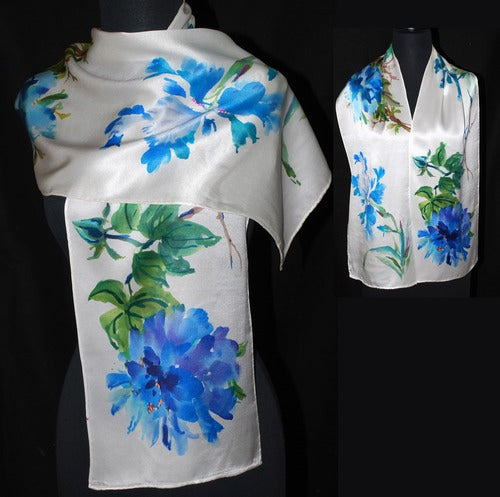 Royal Blue Floral Sumi-e Charmeuse Silk Scarf