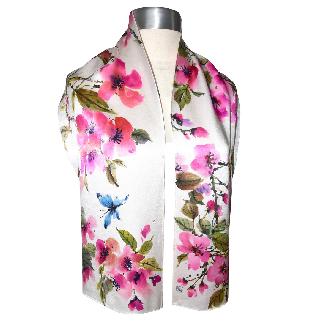 Handpainted Cherry Blossoms with Butterflies Charmeuse Silk Scarf