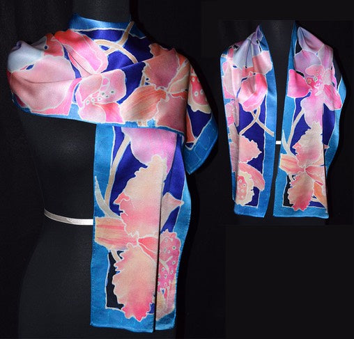 Orchids with Blue Border Charmeuse Silk Scarf