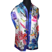Load image into Gallery viewer, Handpainted Floral and Hummingbird Royal Blue Border Jacquard Silk Scarf
