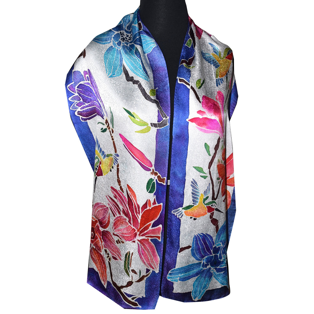 Handpainted Floral and Hummingbird Royal Blue Border Jacquard Silk Scarf