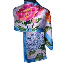 Load image into Gallery viewer, Handpainted One of a Kind Hydrangia, Peony, Magnolia Jacquard Silk Scarf
