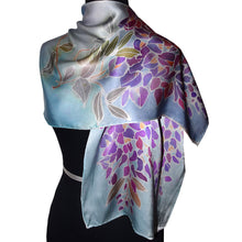 Load image into Gallery viewer, Wisteria with Vines Blue Violet Charmeuse Silk Scarf
