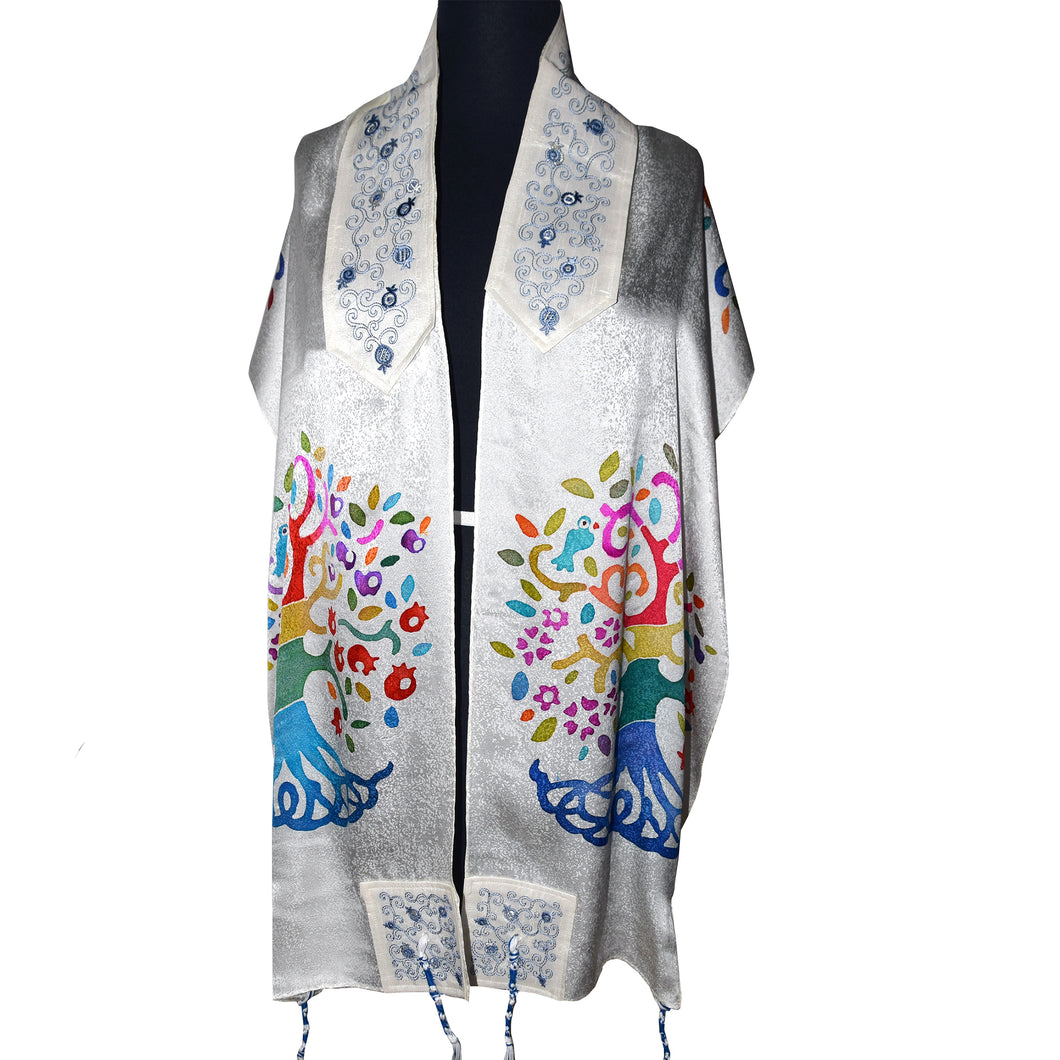 Tree of Life Hand Painted Silk Jacquard Prayer Shawl Tallit
