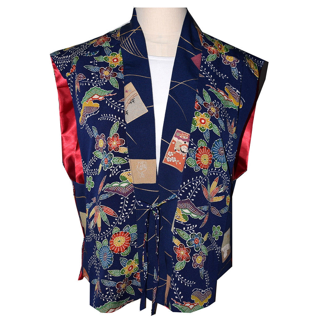 Handmade Japanese  Indigo Navy Print Silk Kimono Vest with Tie