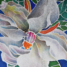 Load image into Gallery viewer, Handpainted Magnolia on Blue Jacquard Silk Scarf
