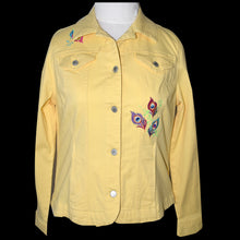 Load image into Gallery viewer, Embroidered Peacock Yellow Denim Jacket LG

