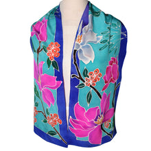 Load image into Gallery viewer, Hand Painted Floral on Turquoise Crepe de Chine Silk Scarf
