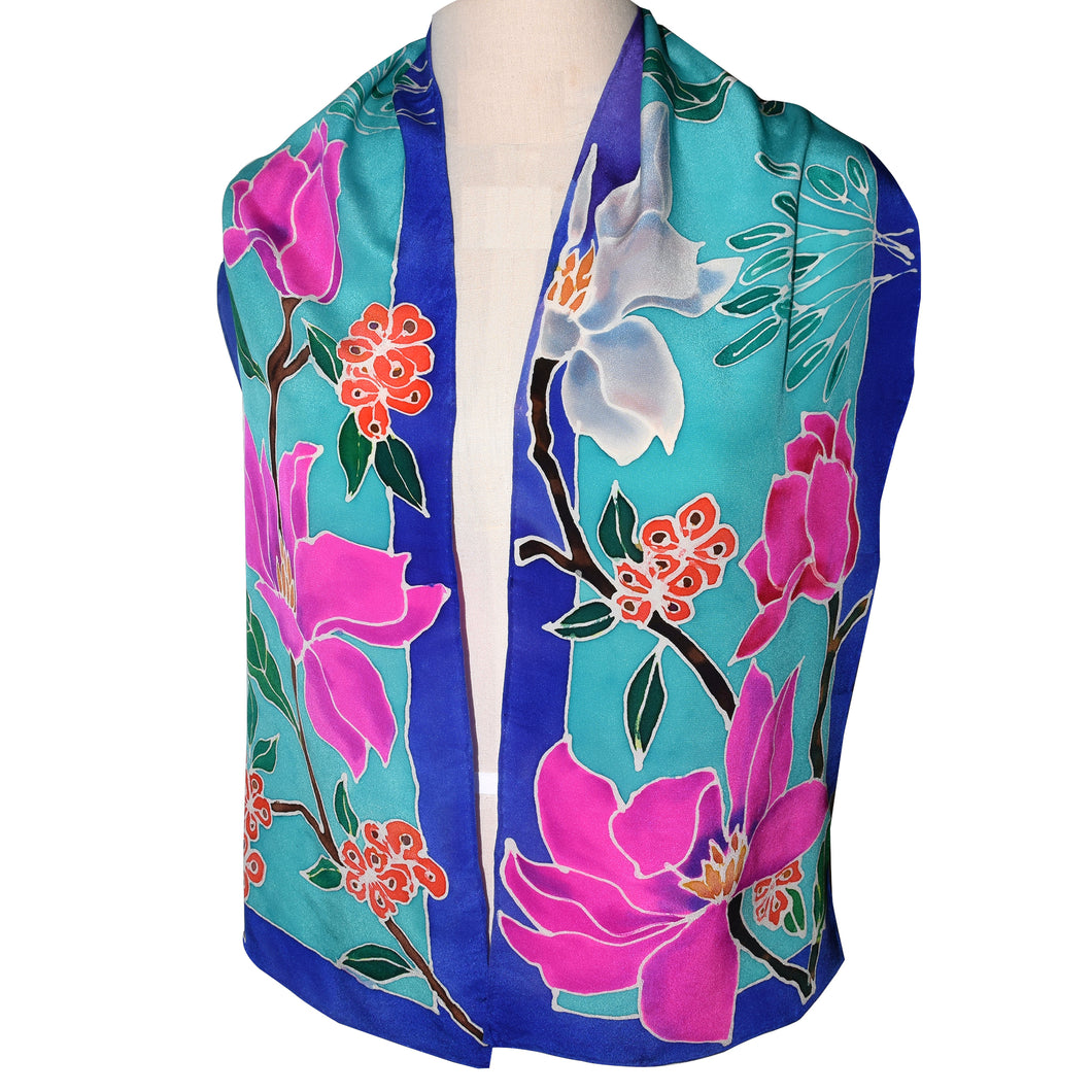 Hand Painted Floral on Turquoise Crepe de Chine Silk Scarf
