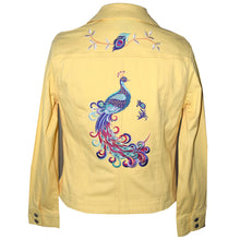 Load image into Gallery viewer, Embroidered Peacock Yellow Denim Jacket LG
