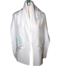 Load image into Gallery viewer, Elegant Eucalyptus  Embroidery on White Crepe de Chine Silk Scarf/Wrap
