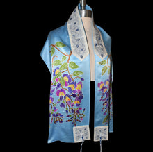 Load image into Gallery viewer, Wisteria on Blue Charmeuse Silk Tallit Prayer Shawl
