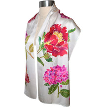 Load image into Gallery viewer, One of a Kind Handpainted Hydrangea and Peony Charmeuse Silk Scarf/Shawl
