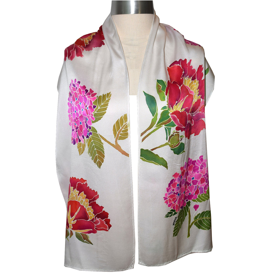 One of a Kind Handpainted Hydrangea and Peony Charmeuse Silk Scarf/Shawl