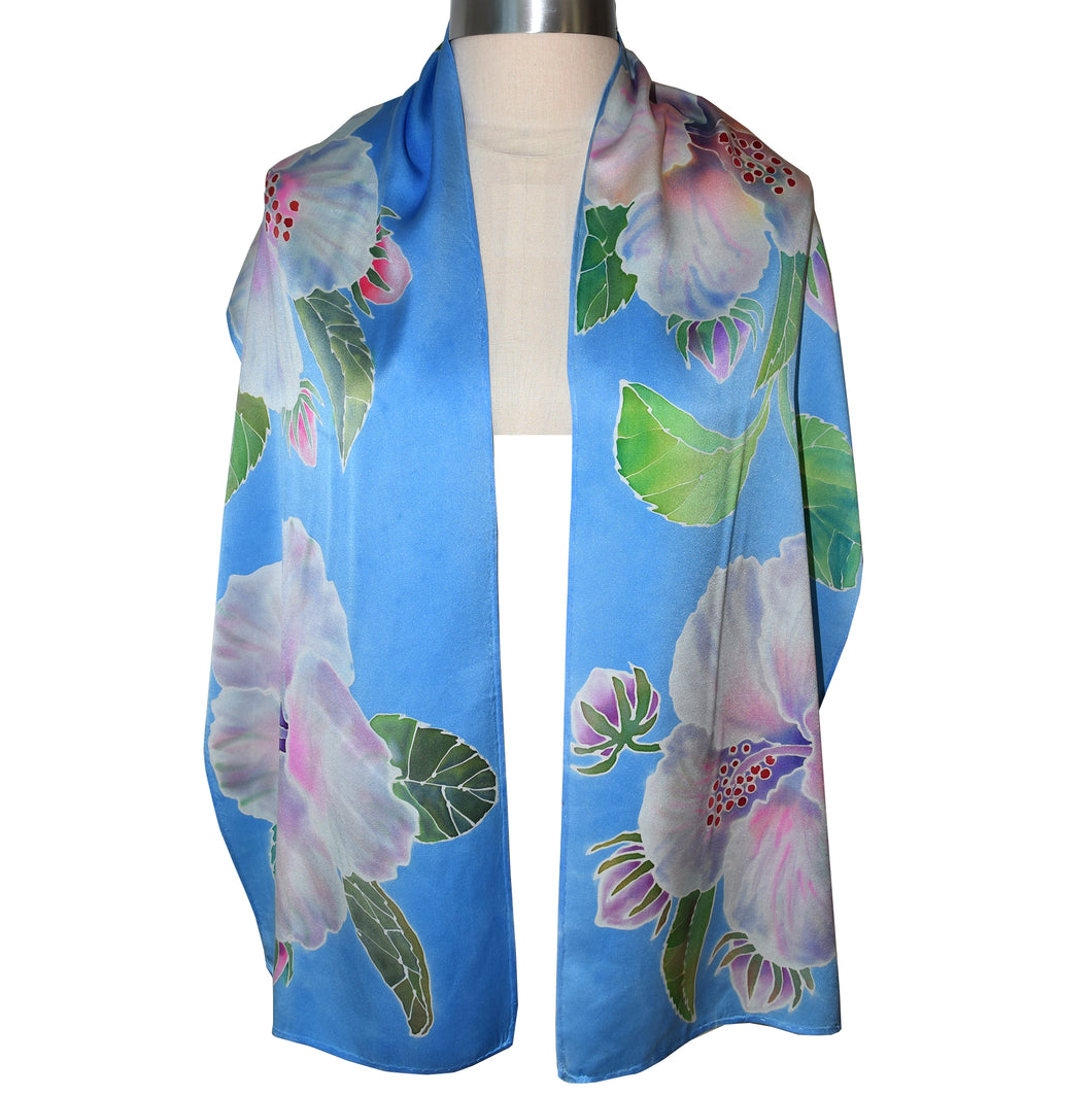 Luxurious Handpainted Hibiscus Floral Charmeuse Silk Scarf/Shawl