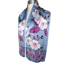 Load image into Gallery viewer, One of a Kind Handpainted Floral on Blue Gray and Plum Charmeuse Silk Scarf
