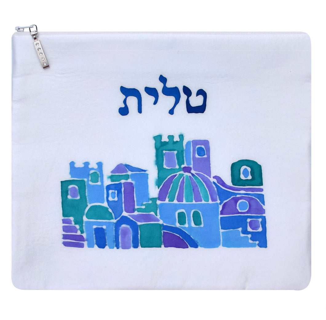 Handpainted Jerusalem Hebrew Tallit Bag with Rhinestone Zipper Tab
