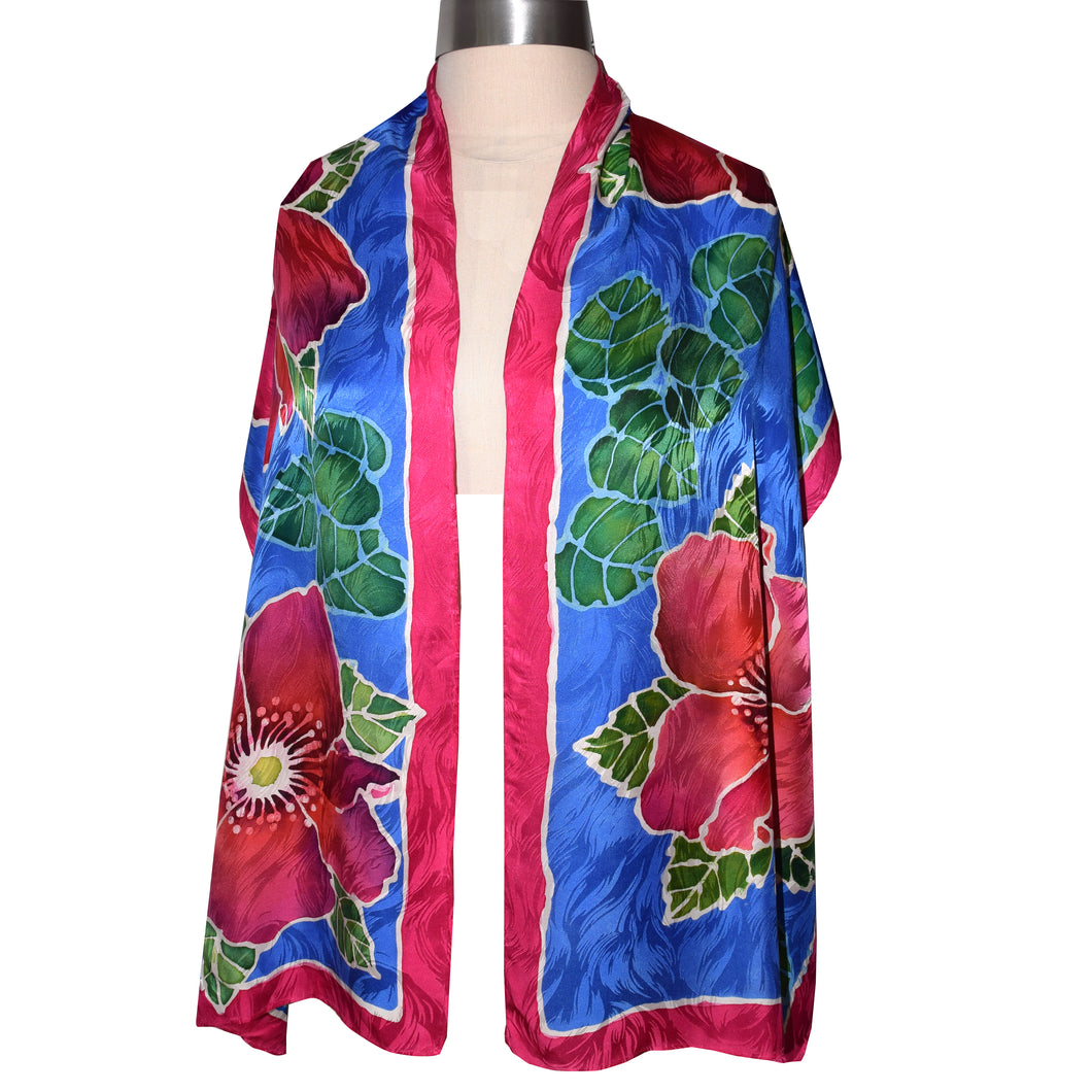 Hand Painted Roses on Jacquard Silk Scarf/Shawl