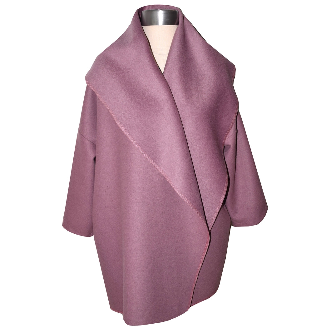 Elegant Mauve Rose Soft Cashmere Wool Blend Wrap Coat