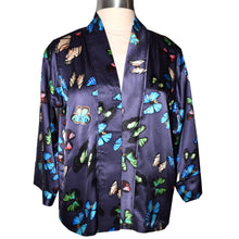 Load image into Gallery viewer, Beautiful Multicolor Butterfly Print on Black Silk Kimono Jacket
