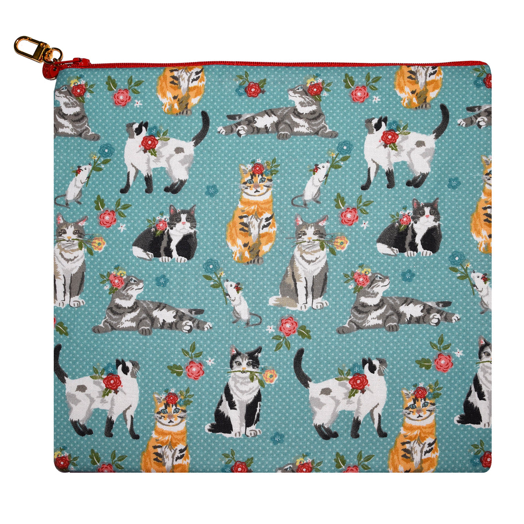 Cats Print Red Zippered Lined Cotton Sleeve with with Koi Zipper Pull