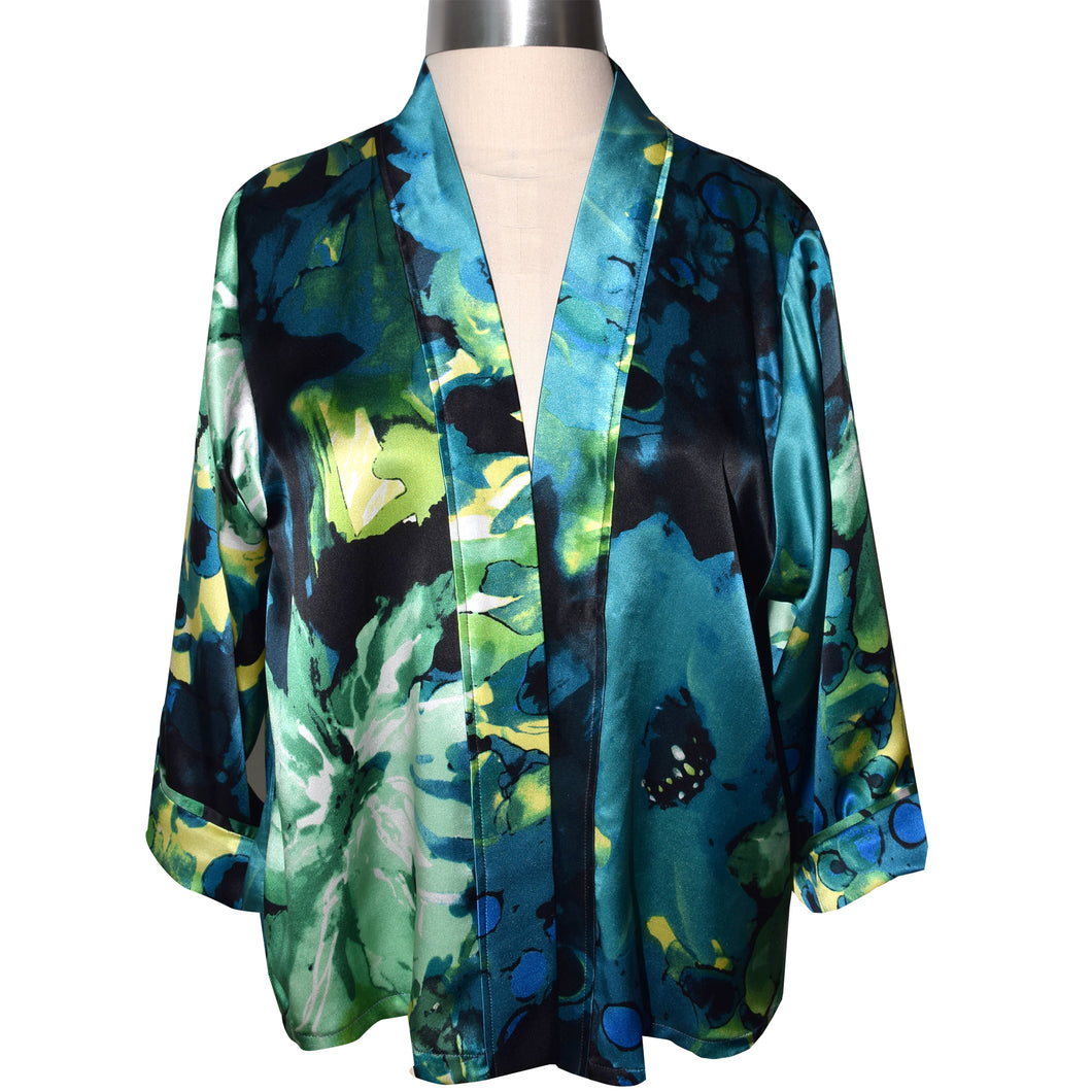 Beautiful Floral Fusion Printed Charmeuse Silk Kimono Jacket in Blue/Green/Yellow Print