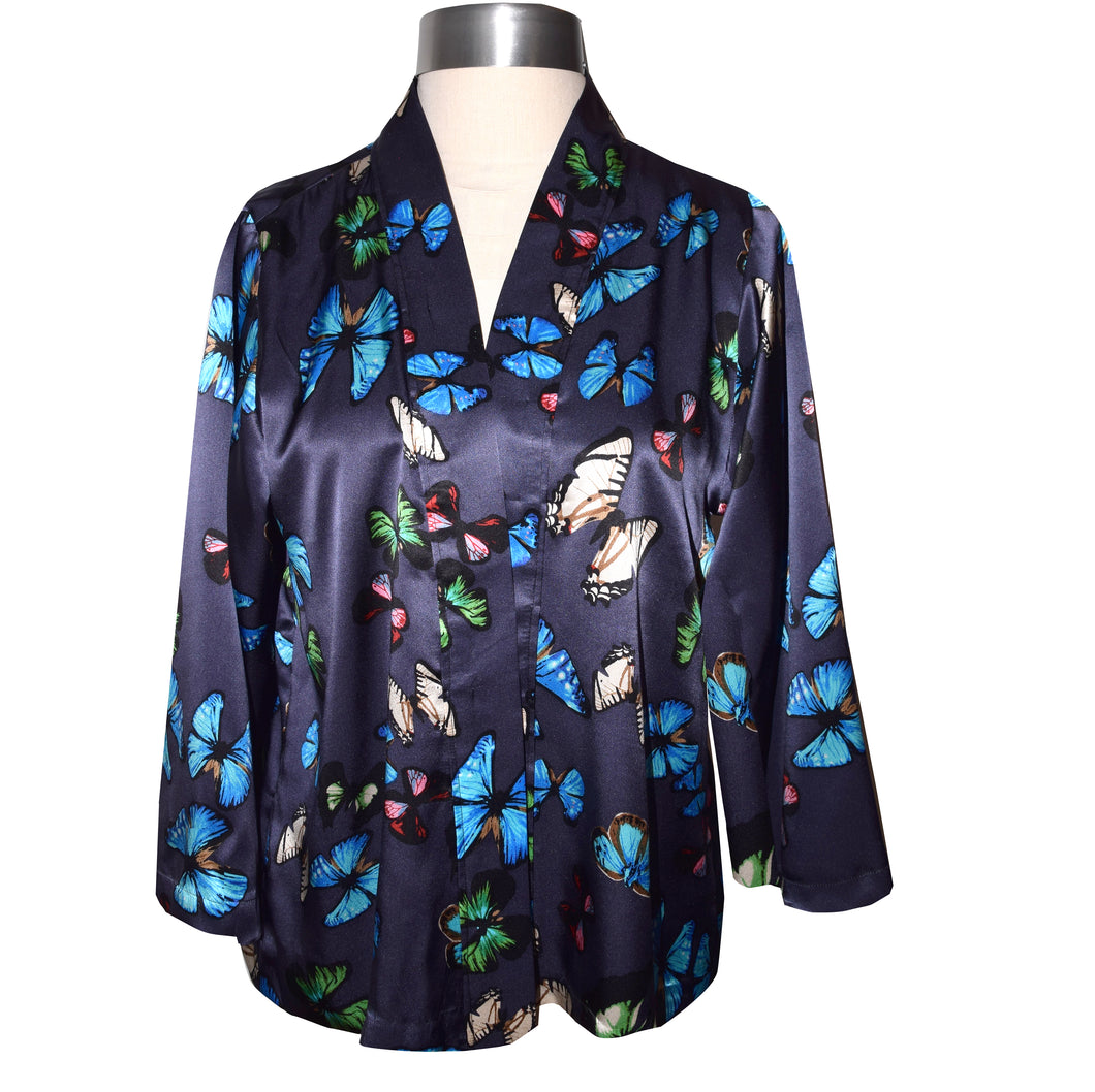 Luxurious Multicolor Butterfly Print on Black Charmeuse Silk Kimono Jacket