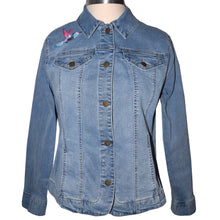 Load image into Gallery viewer, Embroidered Hummingbird Blue Denim Stretch Jacket LG
