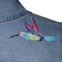 Load image into Gallery viewer, Embroidered Hummingbird Blue Denim Stretch Jacket LG
