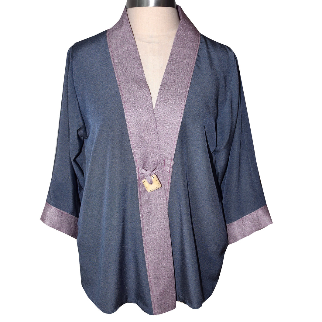 Elegant Blue and Lavender Japanese Silk Komen Jacket with Contrast Trim