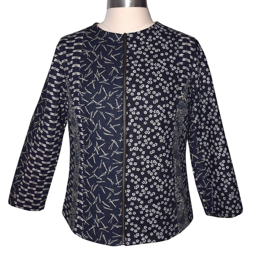 Handcrafted Indigo Patchwork Cotton Quilted Zippered Jacket