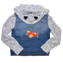 Load image into Gallery viewer, Embroidered Airplane Child’s Jeans Jacket with Cat Hood  5T
