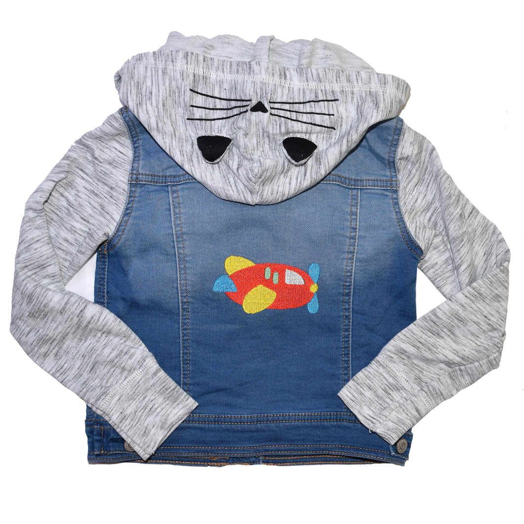 Embroidered Airplane Child’s Jeans Jacket with Cat Hood  5T