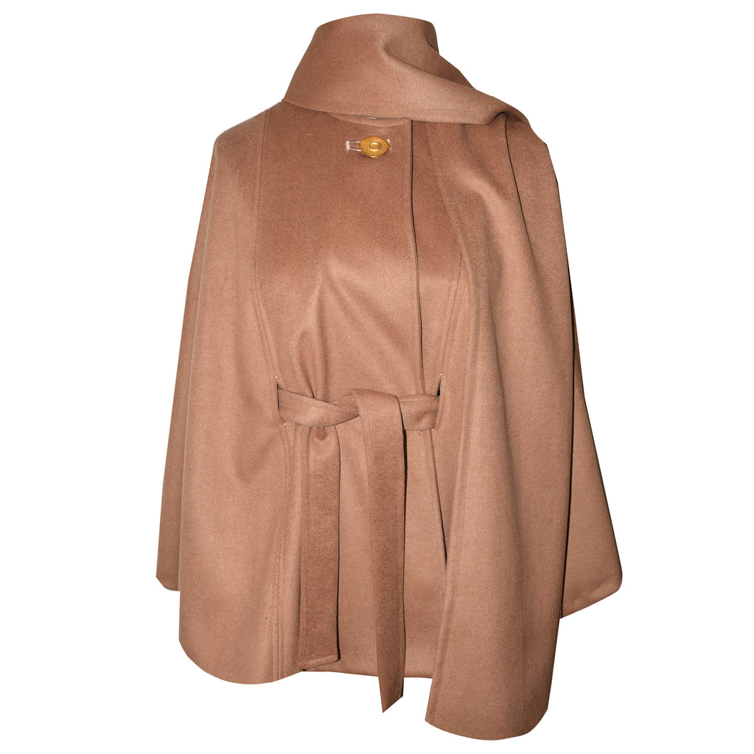 Luxurious Tan Cashmere Blend Loosefitting Cape with Attached Scarf and Belt