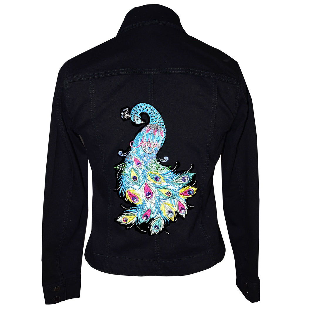 Embroidered Peacock Black Denim Stretch Jacket S
