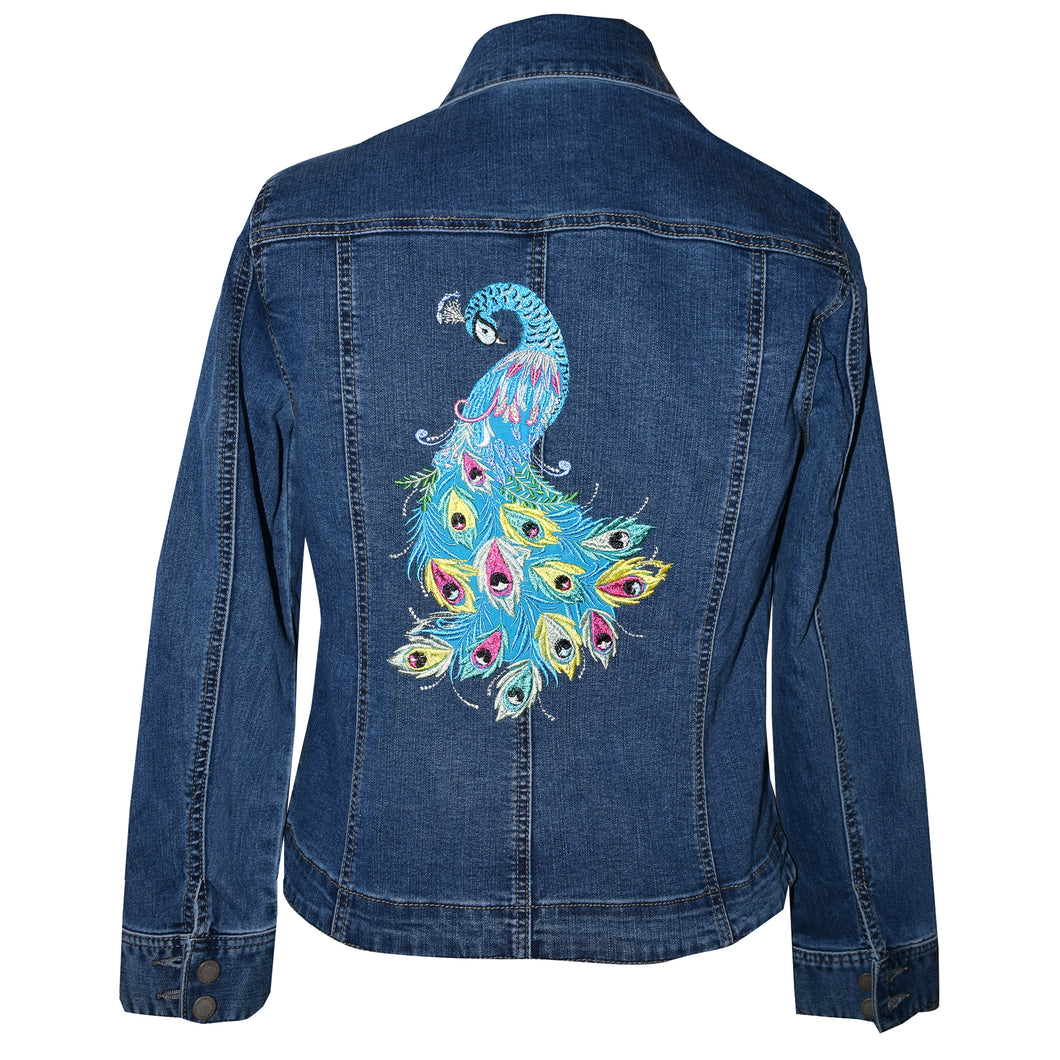 Lyon Blue Denim Jeans Jacket with Stunning Peacock Embroidery
