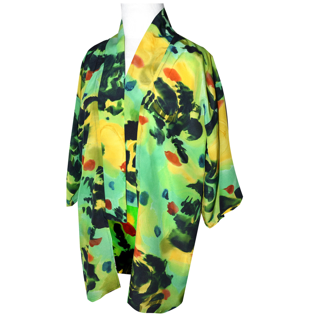 Lime Green Print Crepe de Chine Silk Kimono Jacket