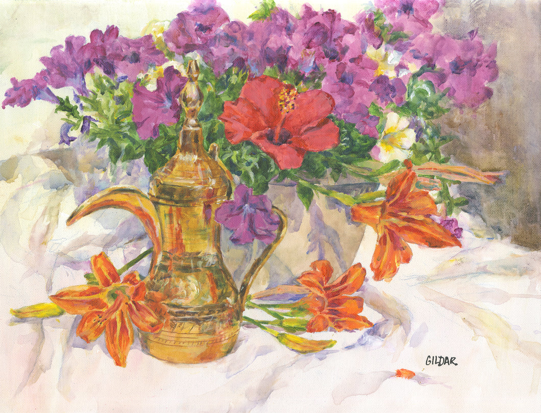 Coffee Urn with Flowers Acrylic Painting