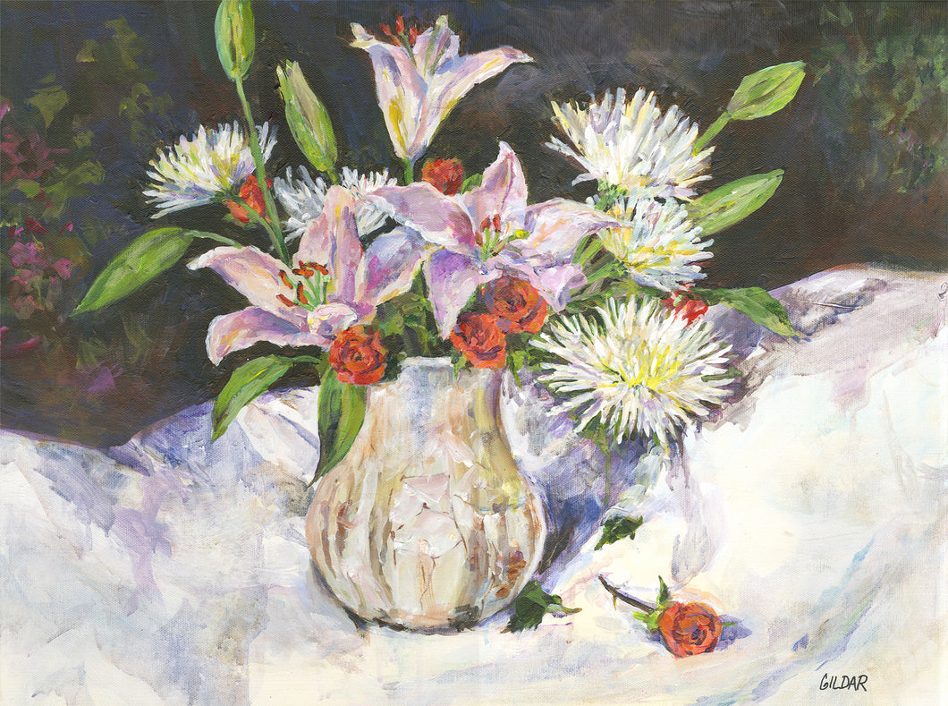 Flowers in White Vase, Acrylic Painting