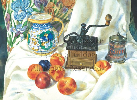 Coffee Pot with Peaches Watercolor